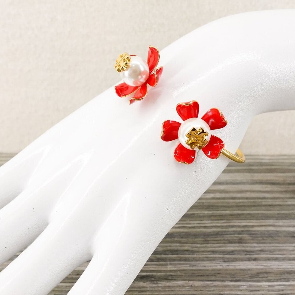 Tory Burch Golden and Red Flower Pearls Bracelet Red OS - Picture 9 of 12